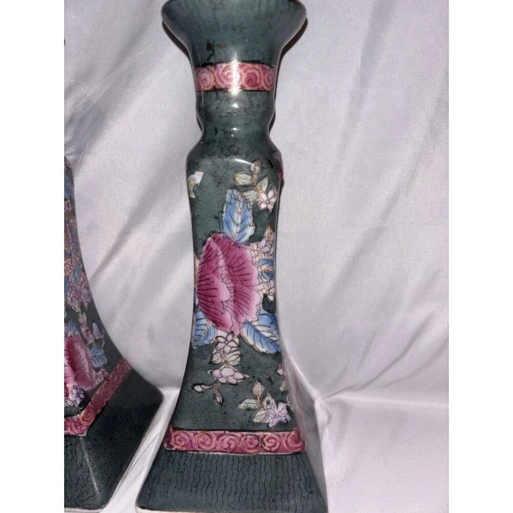 Vintage Famille Rose Porcelain Candlestick Holders 8.5